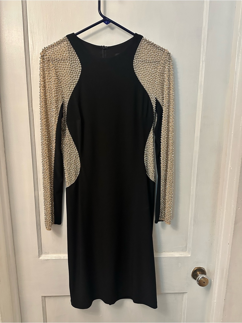 Xscape Black Dress with Gold Beaded Mesh Sleeves
